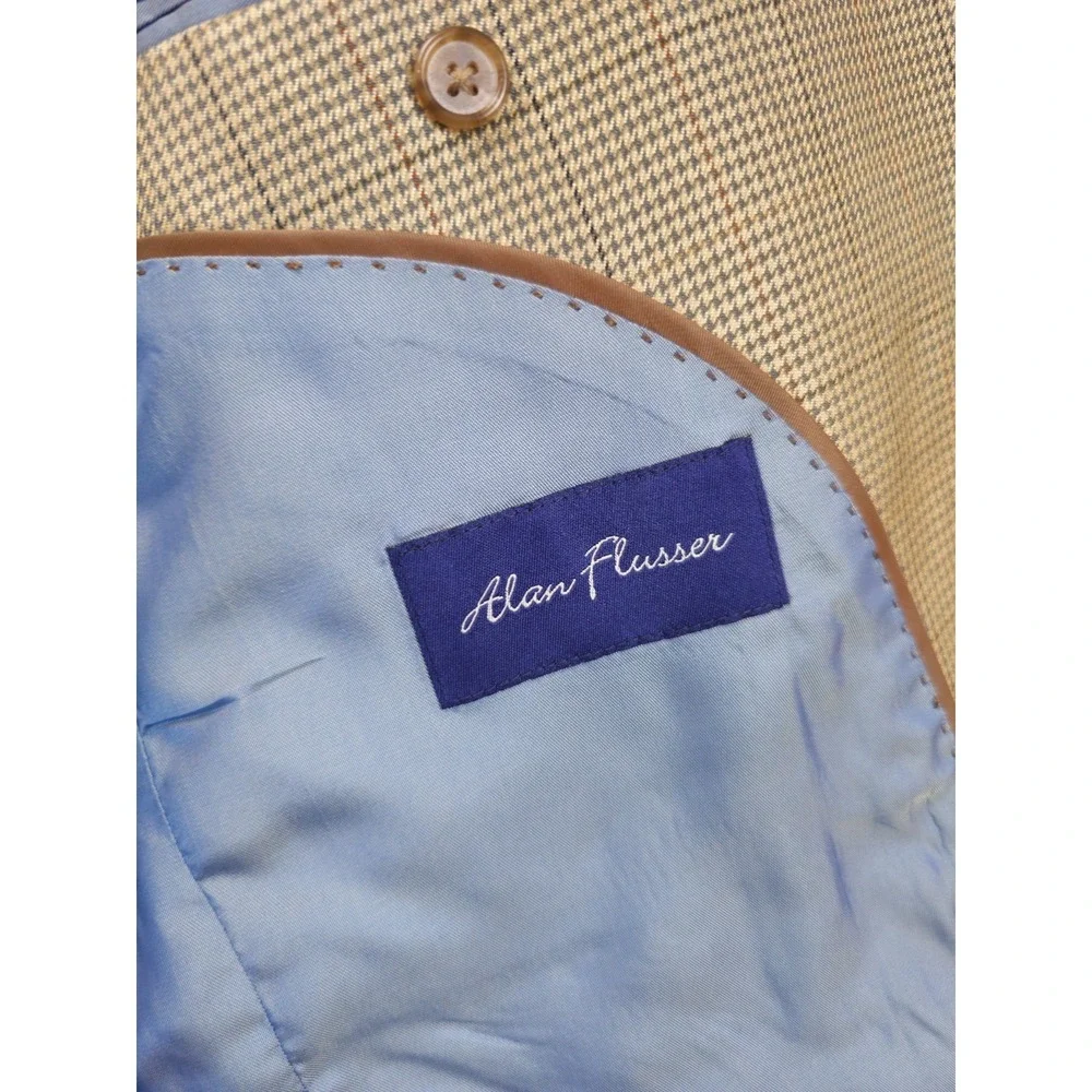 Alan Flusser Beige Houndstooth Plaid Windowpane Men 42R Blazer Sport Coat Jacket